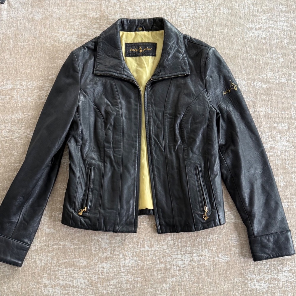 Vintage Genuine Leather Jacket Y2K Streetwear Baby Phat Black Gold Women Large